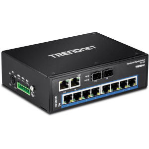 TRENDnet TI-G102 10-Port Ethernet Switch, 8 Gigabit ethernet ports, 2 shared Gigabit SFP slots, 20 Gbps switching capacity, DIN-rail/wall mount